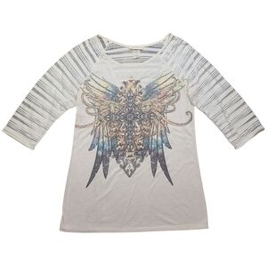 Angels & Diamonds Cross Wing Top XL Rhinestone Cutout Back Sheer Boho Tee